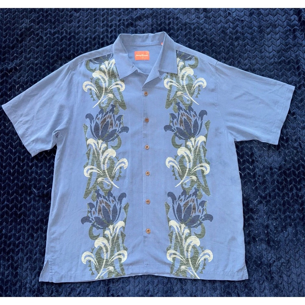 Tommy Bahama Men's 100%‎ Silk Shirt Blue Floral Hawaii Aloha Short Sleeve Sz L